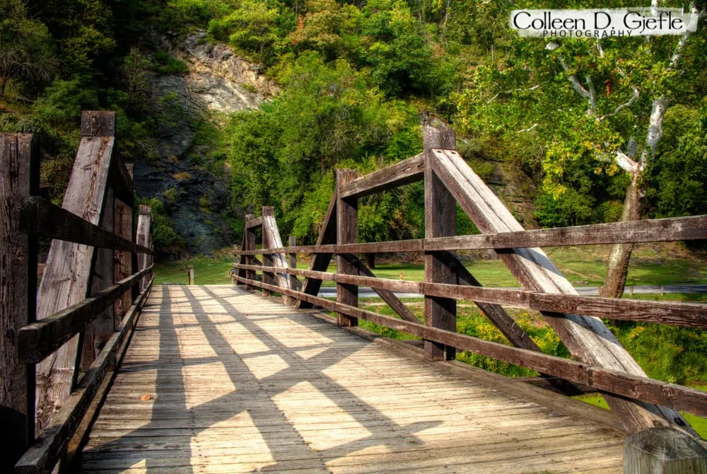 Wooden bridge with mountain in background
